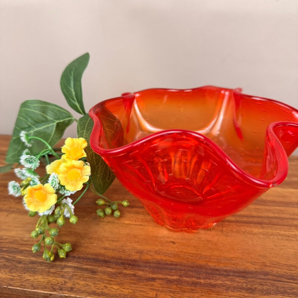 Vintage Kreiss Art Glass Red Orange Handkerchief Controlled Bubble Bown MCM